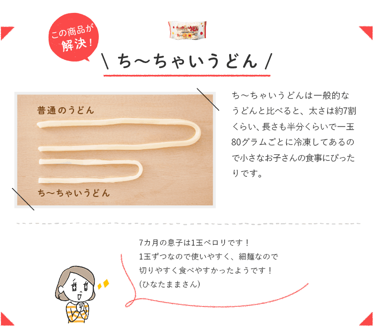 この商品が解決！ ち～ちゃいうどんち～ちゃいうどんは一般的なうどんと比べると、太さは約7割くらい、長さも半分くらいで一玉80グラムごとに冷凍してあるので小さなお子さんの食事にぴったりです。 7カ月の息子は1玉ペロリです！1玉ずつなので使いやすく、細麺なので切りやすく食べやすかったようです！（ひなたままさん）