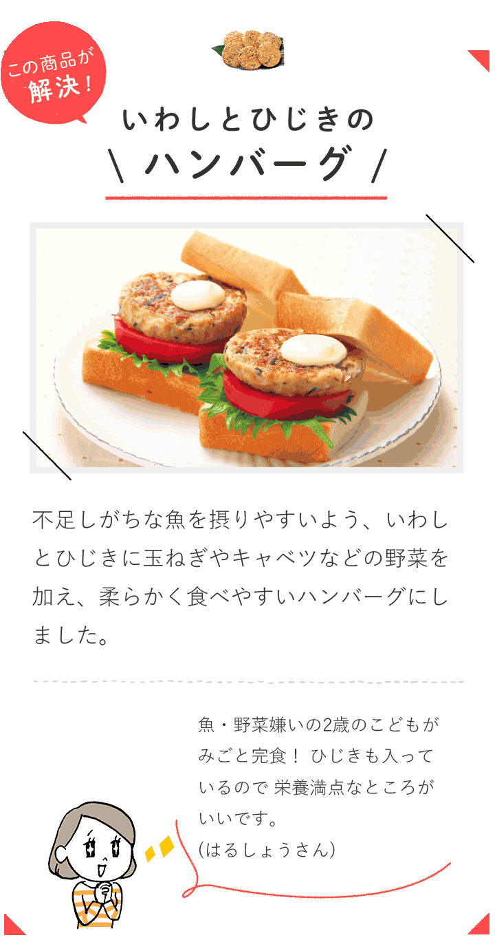 この商品が解決！ いわしとひじきのハンバーグ 不足しがちな魚を摂りやすいよう、いわし とひじきに玉ねぎやキャベツなどの野菜を 加え、柔らかく食べやすいハンバーグにし ました。 魚・野菜嫌いの2歳のこどもがみごと完食！ ひじきも入っているので 栄養満点なところがいいです。 （はるしょうさん）