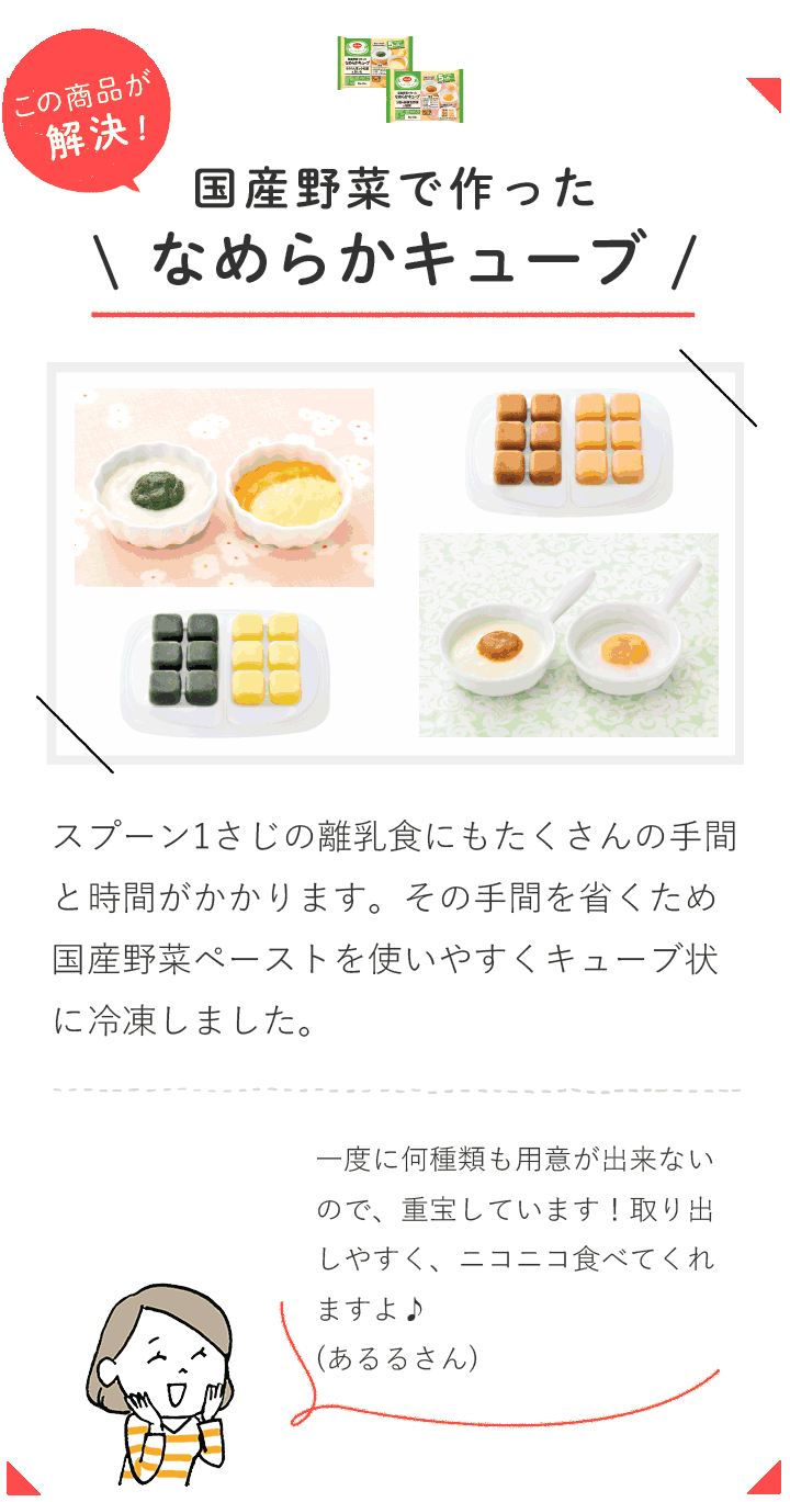 この商品が解決！ 国産野菜で作ったなめらかキューブ  スプーン1さじの離乳食にもたくさんの手間と時間がかかります。その手間を省くため国産野菜ペーストを使いやすくキューブ状に冷凍しました。 一度に何種類も用意が出来ないので、重宝しています！取り出しやすく、ニコニコ食べてくれますよ♪（あるるさん）