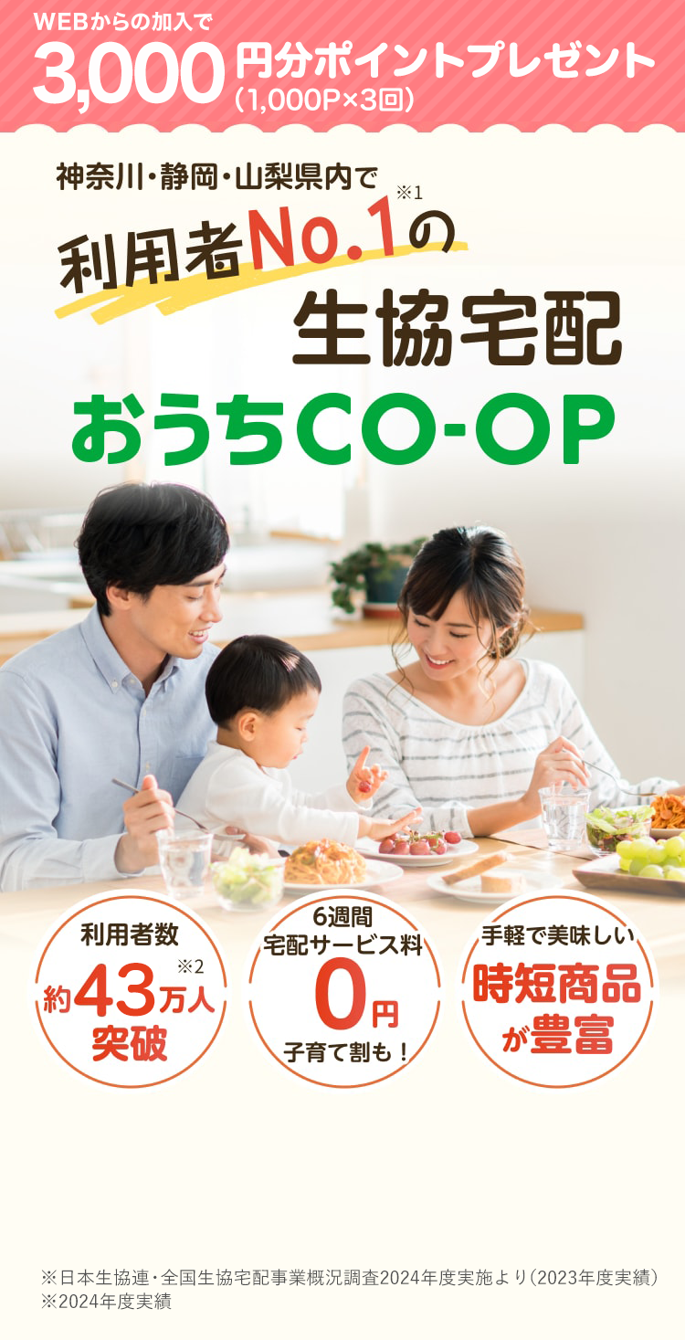 WEBからの加入で3,000円分ポイントプレゼント（1,000P×3回） 神奈川・静岡・山梨県内で利用者No.1の生協宅配 おうちCO-OP 利用者数約43万人突破 6週間宅配サービス料0円 子育て割も！ 手軽で美味しい時短商品が豊富 ※日本生協連・全国生協宅配事業概況調査2024年度実施より（2023年度実績）※2024年度実績。
