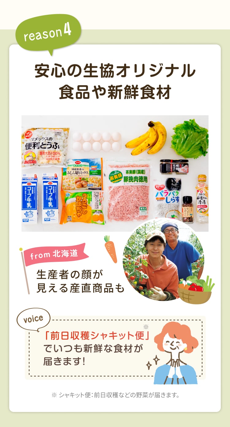 reason4 安心の生協オリジナル食品や新鮮食材 from 北海道 生産者の顔が見える産直商品も 「前日収穫シャキット便」でいつも新鮮な食材が届きます! ※シャキット便: 前日収穫などの野菜が届きます。