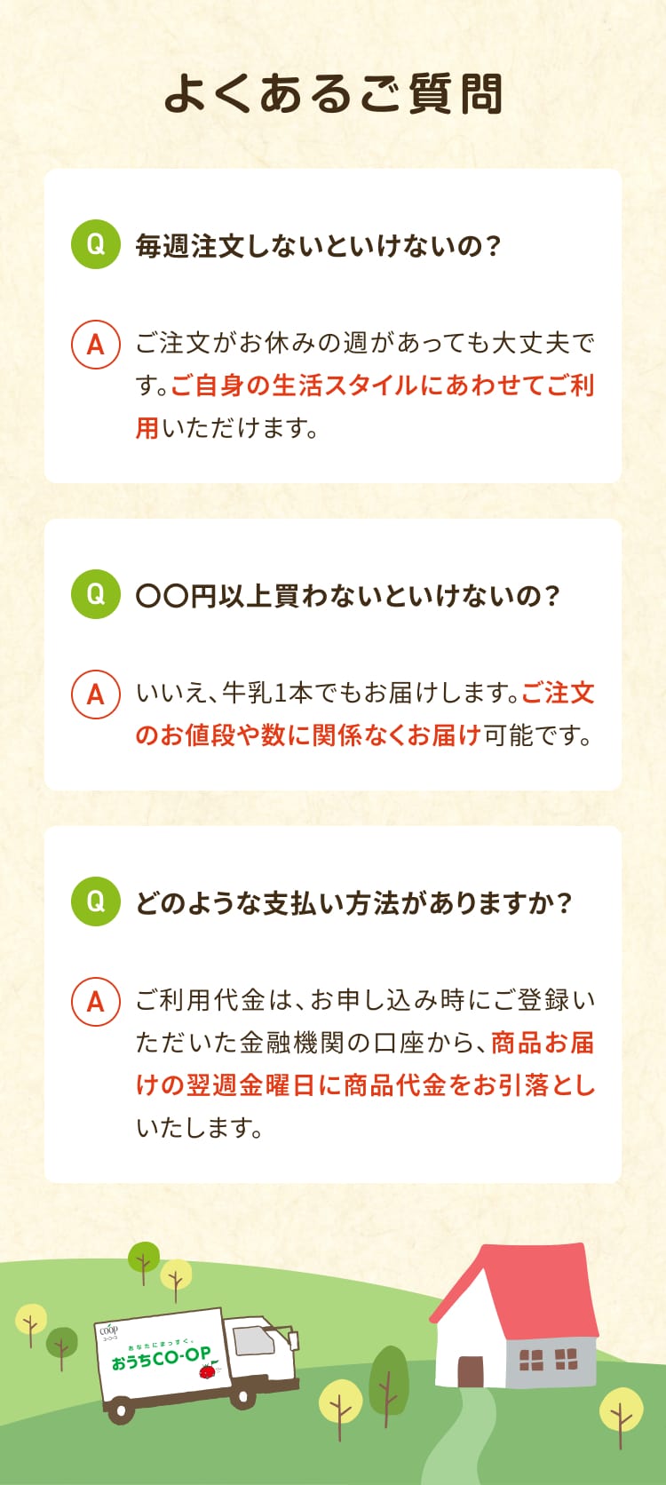 よくあるご質問 Q 毎週注文しないといけないの? A ご注文がお休みの週があっても大丈夫で す。 ご自身の生活スタイルにあわせてご利 用いただけます。Q 〇〇円以上買わないといけないの? A いいえ、牛乳1本でもお届けします。ご注文 のお値段や数に関係なくお届け可能です。Q どのような支払い方法がありますか? A ご利用代金は、お申し込み時にご登録い ただいた金融機関の口座から、商品お届 けの翌週金曜日に商品代金をお引落とし いたします。