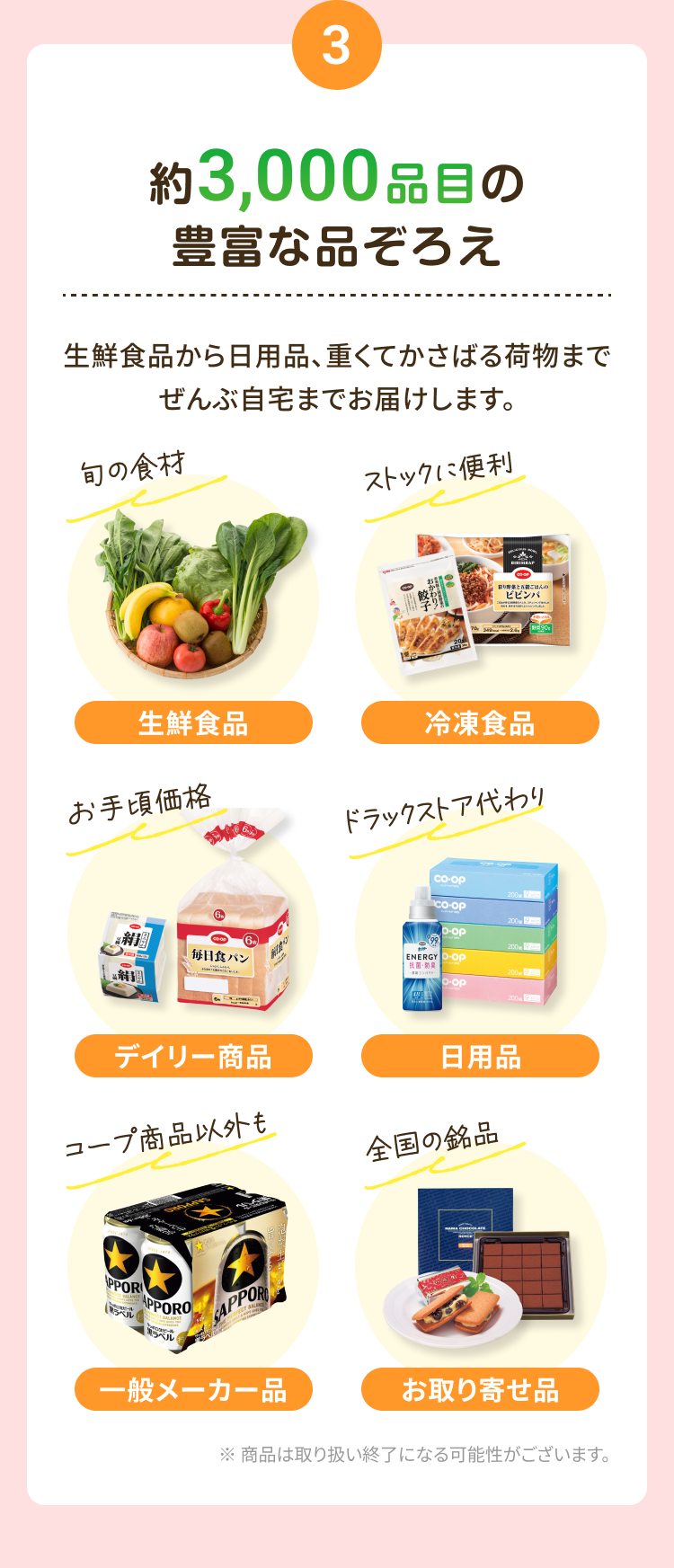 3 約3,000品目の豊富な品ぞろえ 生鮮食品から日用品、重くてかさばる荷物までぜんぶ自宅までお届けします。生鮮食品 冷凍食品 デイリー商品 日用品 一般メーカー品 お取り寄せ品 ※商品は取り扱い終了になる可能性がございます。