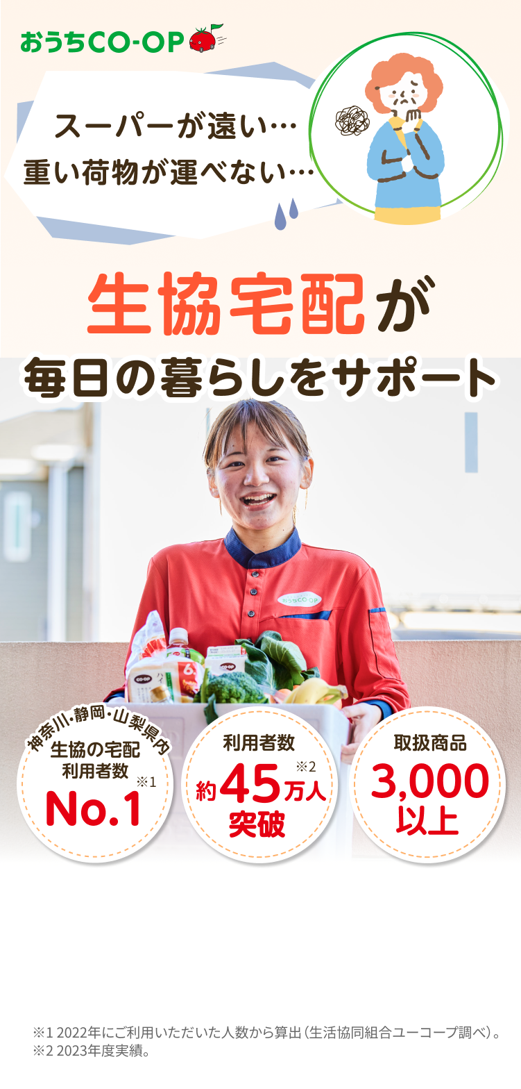 おうちCO-OP スーパーが遠い…重い荷物が運べない…生協宅配が毎日の暮らしをサポート 神奈川・静岡・山梨県内 生協の宅配 利用者数 No.1 利用者数約45万突破 取扱商品3,000以上 ※2022年にご利用いただいた人数から算出 (生活協同組合ユーコープ調べ)。 ※2023年度実績。