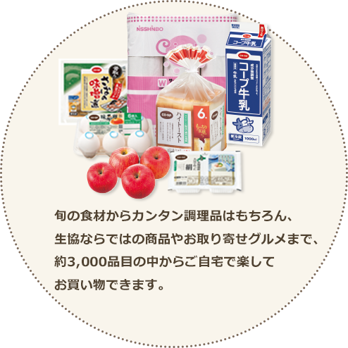 旬の食材からカンタン調理品はもちろん、生協ならではの商品やお取り寄せグルメまで、約3,000品目の中からお自宅で楽してお買い物できます。