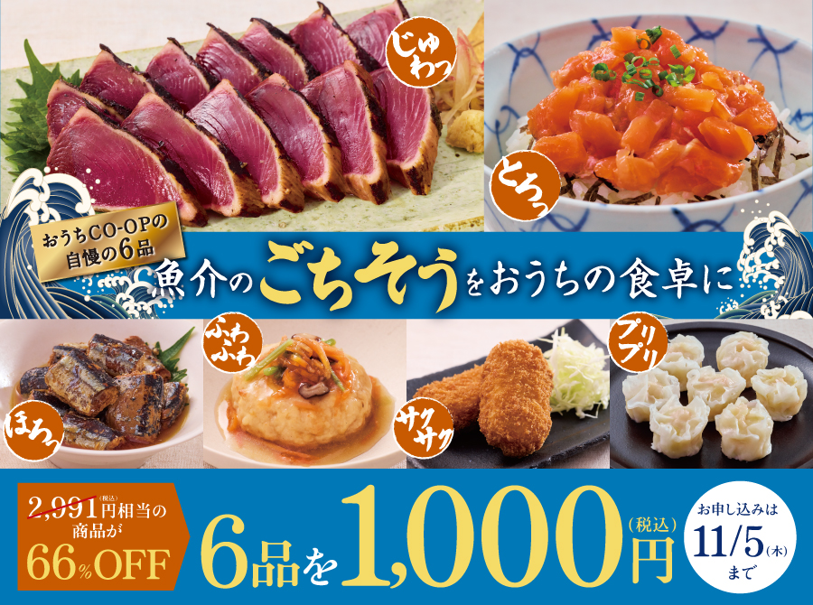 魚介のごちそう6品セット2,991円(税込)相当の商品が今なら66%OFFの1,000円(税込)でおためし!お申し込み期間:9/7(月) ~ 11/5(木)まで