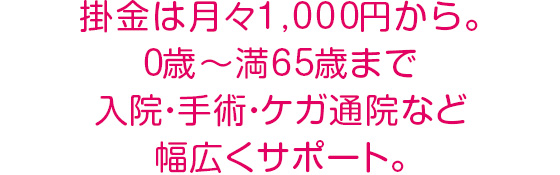 掛金は月々1,000円から。0歳～満65歳まで入院・手術・ケガ通院など幅広くサポート。