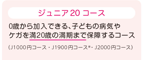 ジュニア20コース 0歳から加入できる、子どもの病気やケガを満20歳の満期まで保障するコース（J1000円コース・J1900円コース※2・J2000円コース）